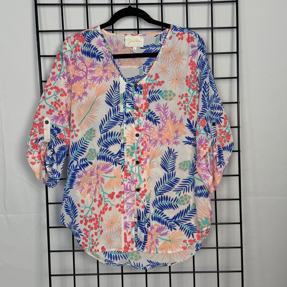 Yumi Kim Lizzie Top Blouse Women S White‎ Multicolor Floral Tropical Roll Tab
